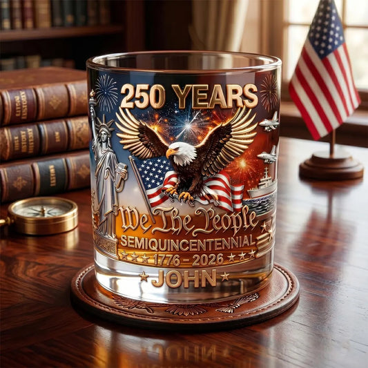 Personalized 250th Anniversary Whiskey Glass – Custom Name Patriotic Gift for Men