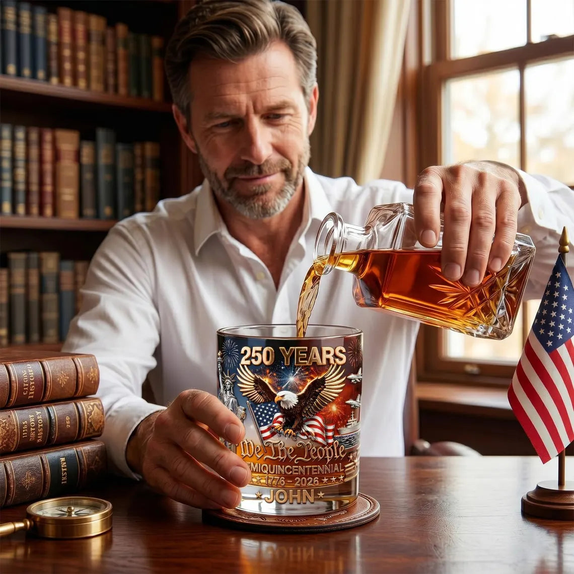 Personalized 250th Anniversary Whiskey Glass – Custom Name Patriotic Gift for Men
